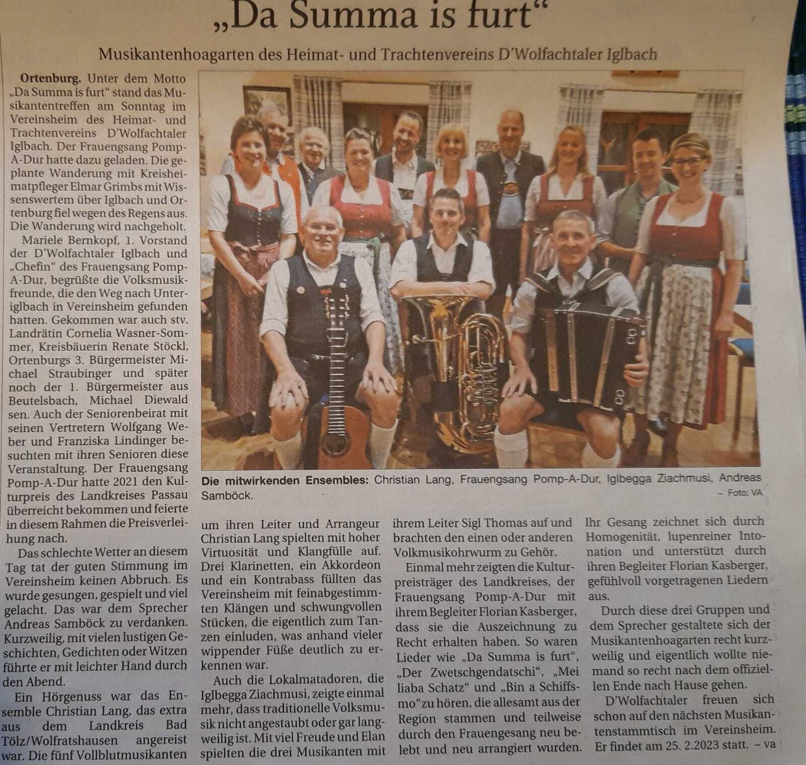 Ensemble Christian Lang in Unteriglbach bei den Kulturpreisträgerinnen 2021 des Lkr. Passau, den Sängerinnen von Pomp-A-Dur